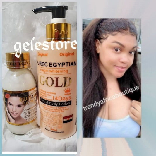 2pcs  Purec Egyptian magic GOLD, vit. C & TURMERIC, egg yolk for face & body lotion 300ml & Gluta Kojic whitening serum. 100ml. Fast whitening formulated to evenly lighten,