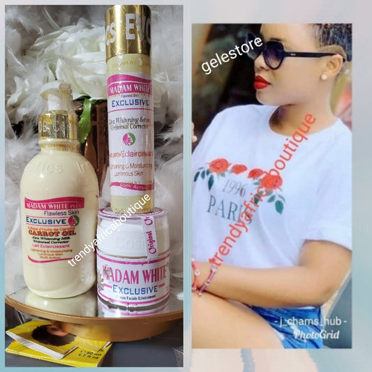 Original 3pcs set: Madam white Exclusive flawless skin set with CARROT EXTRACTS. Super whitening  Body Lotion 250ml, serum 60ml & face cream 60g