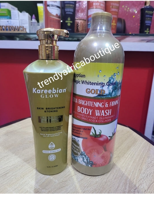 2pcs Bangar: kareebian glow Natural skin brightening & Toning body lotion & Pure Egyptian magic gold  whitening and firming shower gel. With ascorbic acid, + glutathione 1000ml