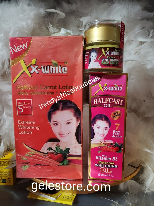 3-teiliges Set mit XX-weißer Halfcast-Karotten-Körperlotion, Öl und Gesichtscreme mit 5-Tage-Wirkung. Vitamin B3, Glutathion, Albutin, Glutathion. Extra-Bleaching-Set