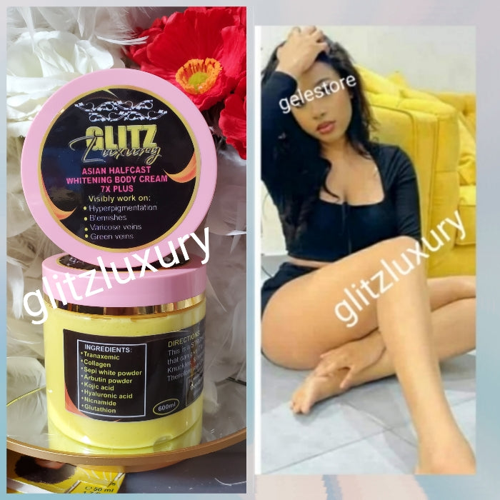 Breaking NEWS!!🔥 BANGA Glitzluxury Asian Halfcast whitening body cream 7X PLUS. FAST ACTION AGAINST Hyperpigmentation, dark knuckles, green veins, blemishes varicose veins. 7 to 10 Shades white 600g x 1 jar sale, 💯 ORGANIC