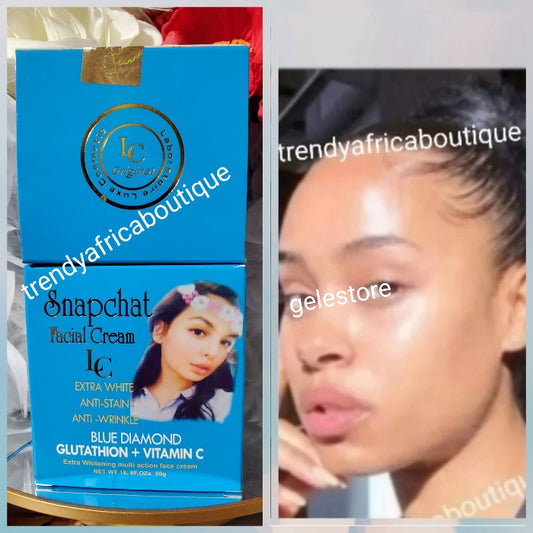 X 1 jar sale: Lait Snapchat diamond blue whitening face cream formulated to keep a younger looking skin. With snail slime, glutathione, vitamin C 50g jar
