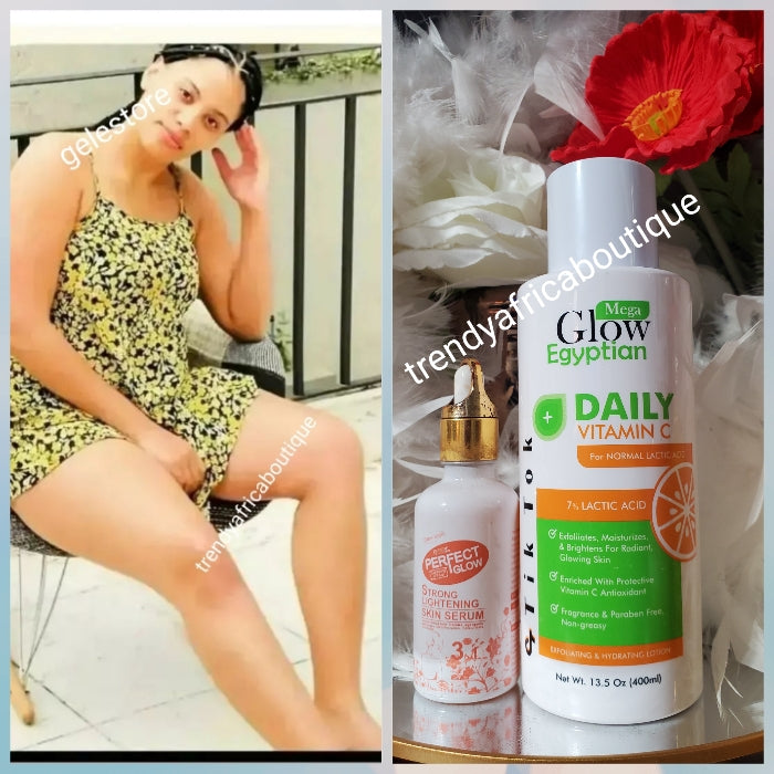 2pcs. Set: New products alert: Mega glow egyptian daily Vitamin C with Lactic acid. Brightening, exfoliating and hydrating body lotion and perfect glowing serum.👌