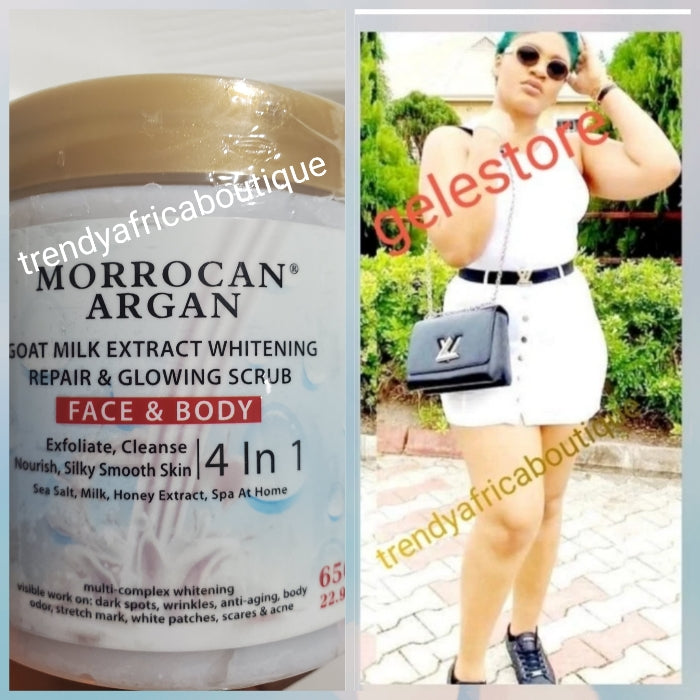 Another Banga: Morrocan Argan  Goat milk extracts whitening repair & glowing body scrub 4 in 1 face & body scrub 650ml x 1