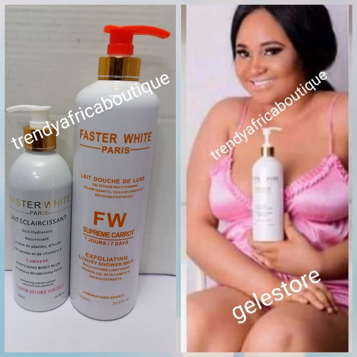 2pcs. Set: Another Banga: faster white paris whitening body lotion with carrote extracts & Faster white Supreme paris  exfoliating luxury shower milk with carotte 7 days action