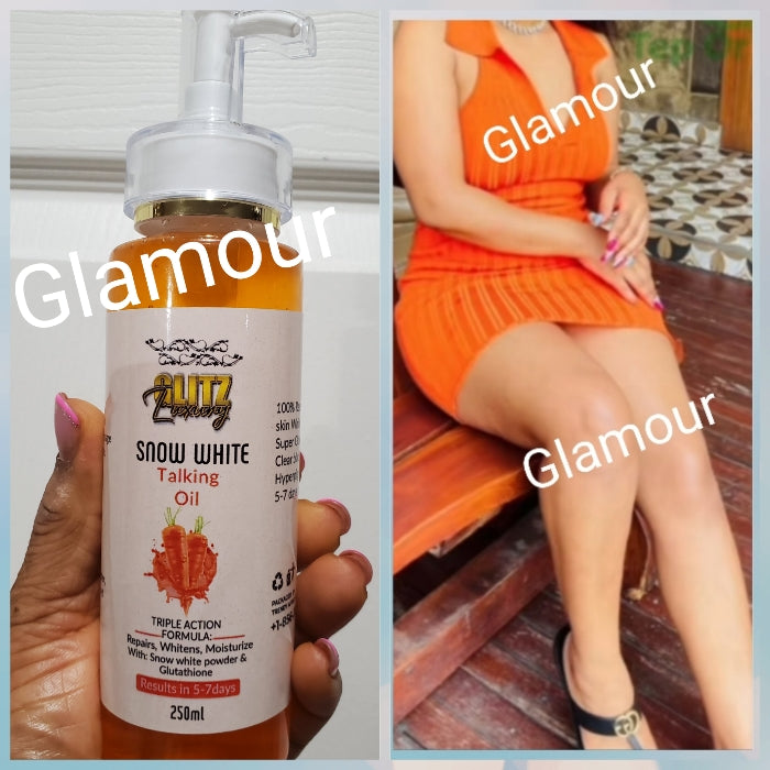 GLITZLUXURY Oshaprapra Organic Snow White face and body oil formumated with SNOW white powder & glutathion. Triple action moisturize, whitens and repairs your skin. 250mlx 1 bottle: Results in 5 to 7 days! Can be mixed into body lotion