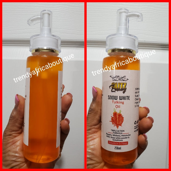 GLITZLUXURY Oshaprapra Organic Snow White face and body oil formumated with SNOW white powder & glutathion. Triple action moisturize, whitens and repairs your skin. 250mlx 1 bottle: Results in 5 to 7 days! Can be mixed into body lotion