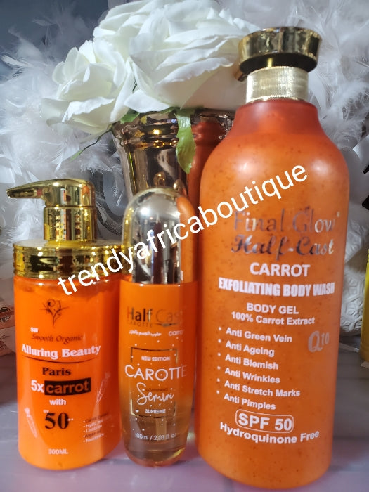 3pcs perfect combo: SMOOTH ORGANIC ALLURING BEAUTY paris 5x carrot body lotion, New edition halfcast Carotte serum & final Glow half-cast shower gel 💯 carrot extracts spf 50
