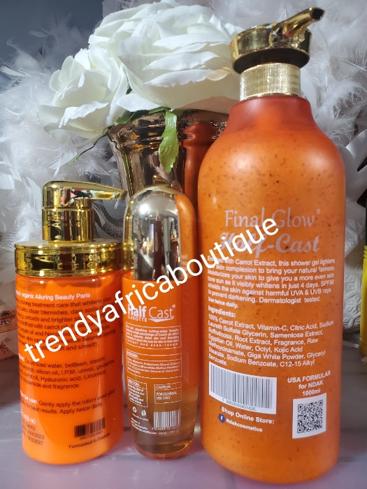 3pcs perfect combo: SMOOTH ORGANIC ALLURING BEAUTY paris 5x carrot body lotion, New edition halfcast Carotte serum & final Glow half-cast shower gel 💯 carrot extracts spf 50
