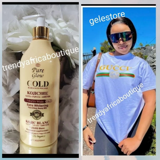GCC pure Glow Gold.  Radiance polish kojic white body lotion with glutathion, papaya + Arbutin. Extra whitening face & body milk.7 days white. 500ml x 1
