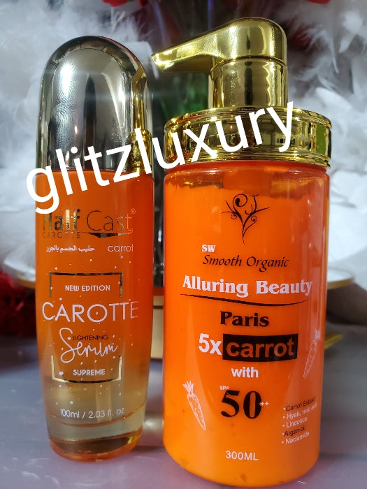 2pcs Perfect combo: SMOOTH ORGANIC ALLURING BEAUTY paris 5x carrot body lotion, New edition halfcast Carotte lightening serum