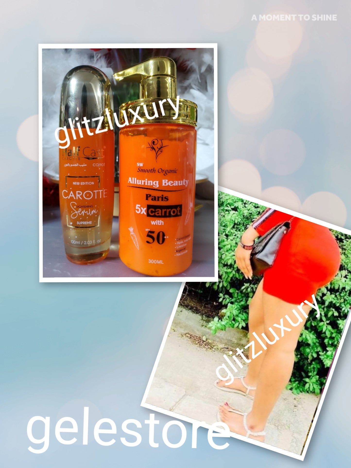 2pcs Perfect combo: SMOOTH ORGANIC ALLURING BEAUTY paris 5x carrot body lotion, New edition halfcast Carotte lightening serum
