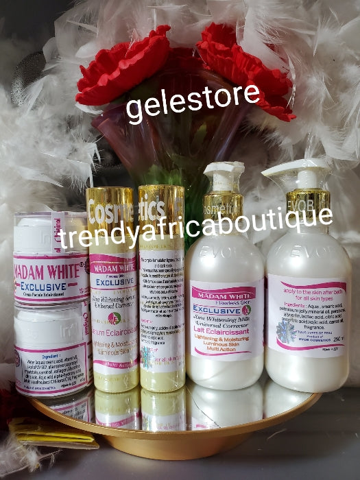 COMBO DEAL of  Madam white Exclusive flawless skin whitening, brightening  Body Lotion 250ml x 2 bottles, serum 60ml x 2,  face cream 60gx 2. Universal corrector, multi action set.