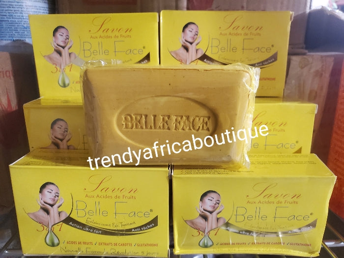 6 soap sale: 💯 AUTHENTIC Belle face 3n1 formular whitening and treatment bar soap. Fast action. Formulated with carrote extract and fruit acid & glutathion. 200g bar × 6 soap sale.