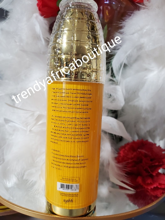 Another Banga body oil. Mega Halfcast 24k gold whitening body oil with glutathion, caviar & Albutin 100ml x 1. Rejuvenates the skin & clear blemishes 👌. Price is for one bottle