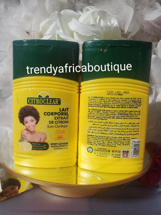 X 1 bottle 275ml Citro Clear body lotion lemon extracts clarifying care body lotion with lemon extracts clarifying care. Rich in Vitamin C. Anti sports & discolorations. NO HYDROQUINOUN