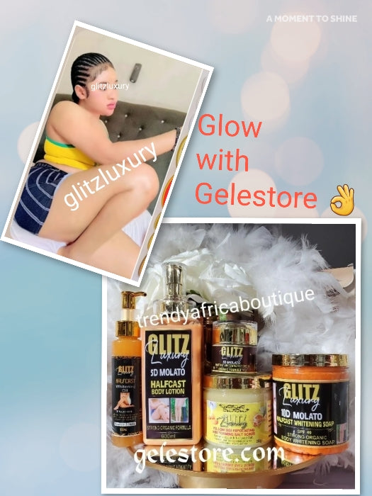 5pcs BANGA!!! glitzluxury 5D molato Halfcast body milk👌 Halfcast oil, NEW 10D RICH AUNTY MOLATO half-cast soap, face cream & Whitening salt scrub