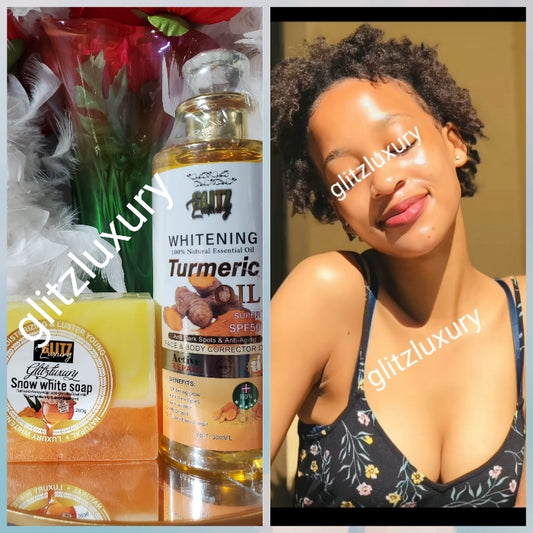 New product alert: Glitzluxury whitening turmeric oil. Active Repair & Glowing skin 7 days action. 300ml spf 50. Smell so good!!!👌 face & body, armpits, inner thighs 👌👌 💯 turmeric, Niacinamide, kojic acid, glutathione (Copy)