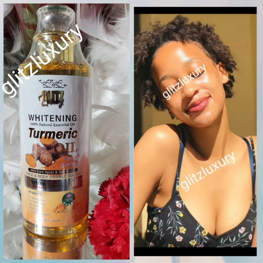 New product alert: Glitzluxury whitening turmeric oil. Active Repair & Glowing skin 7 days action. 300ml spf 50. Smell so good!!!👌 face & body, armpits, inner thighs 👌👌 💯 turmeric, Niacinamide, kojic acid, glutathione