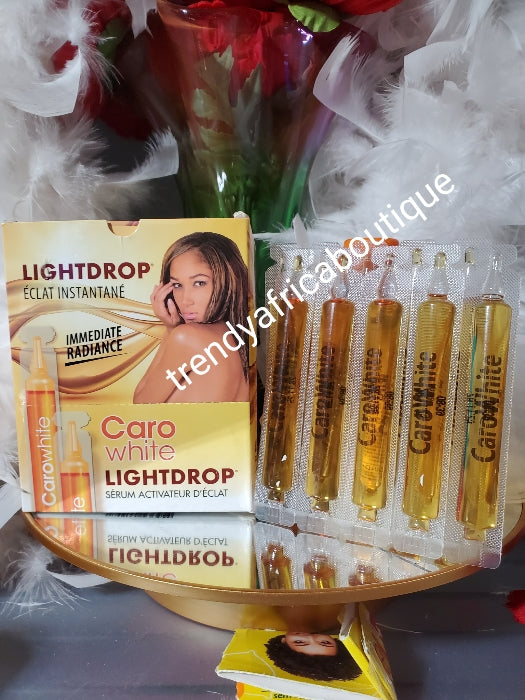 Caro light white drop clears dark knuckle, dark elbows, dark knees, hyperpigmentation activating serum & oil for immediate radiance. Sold per 5 ampoules. And price is for  vials. Formulated with carrot extracts + vit. E.