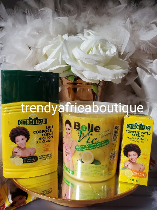 3pcs set ; 275ml Citro Clear body lotion lemon extracts clarifying care, Citroclear Concentrated serum belle vie lemon extracts clarifying soap. Rich in Vitamin C. Anti sports & discolorations. (Copy)