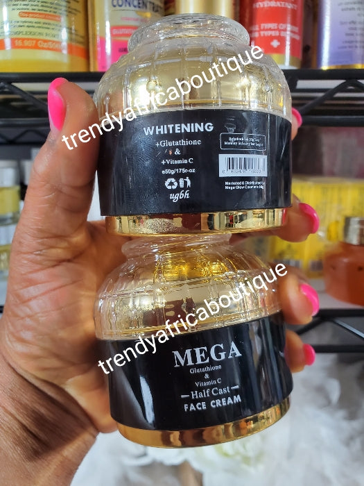 Another Banga Mega glutathion & vitamin C Halfcast face cream 50g x 1. Rejuvenates the skin & clear blemishes 👌. Price is for one bottle