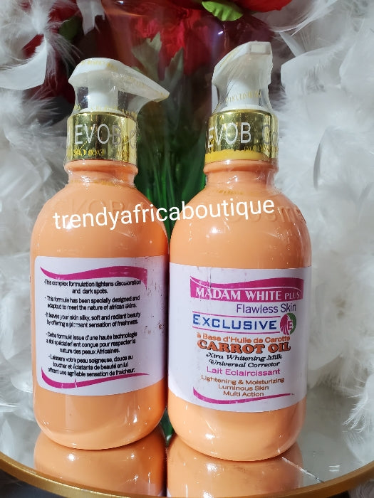 2 bottle sale: Madam white plus, flawless skin exclusive. Xtra whitening milk with carrots oil for all skin type. Universal corrector, brightening  Body Lotion 250m x 2