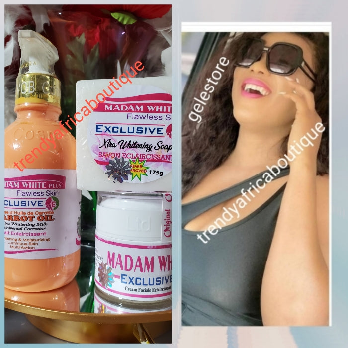 3pcs. Madam white flawless skin Exclusive carrot whitening, body milk,  face cream & new madam white face soap 175g  Anti pimples, acne treatment for all skin types