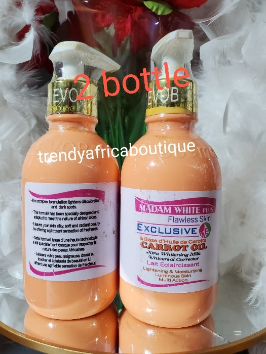 2 bottle sale: Madam white plus, flawless skin exclusive. Xtra whitening milk with carrots oil for all skin type. Universal corrector, brightening  Body Lotion 250m x 2