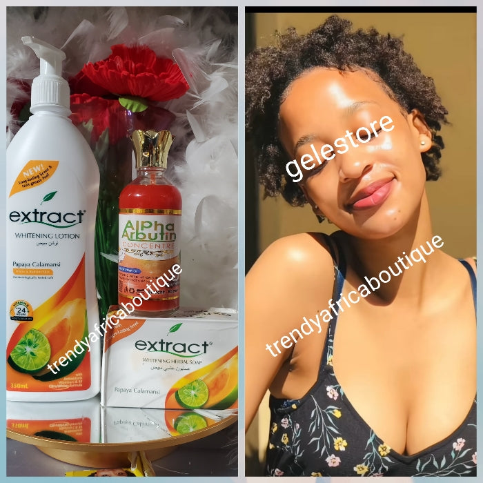 3pcs. Nigeria EXTRACT body lotion 350ml, Soap & alpha arbutin papaya whitening serum. TOUGHER SKIN type. 100% Original Extract