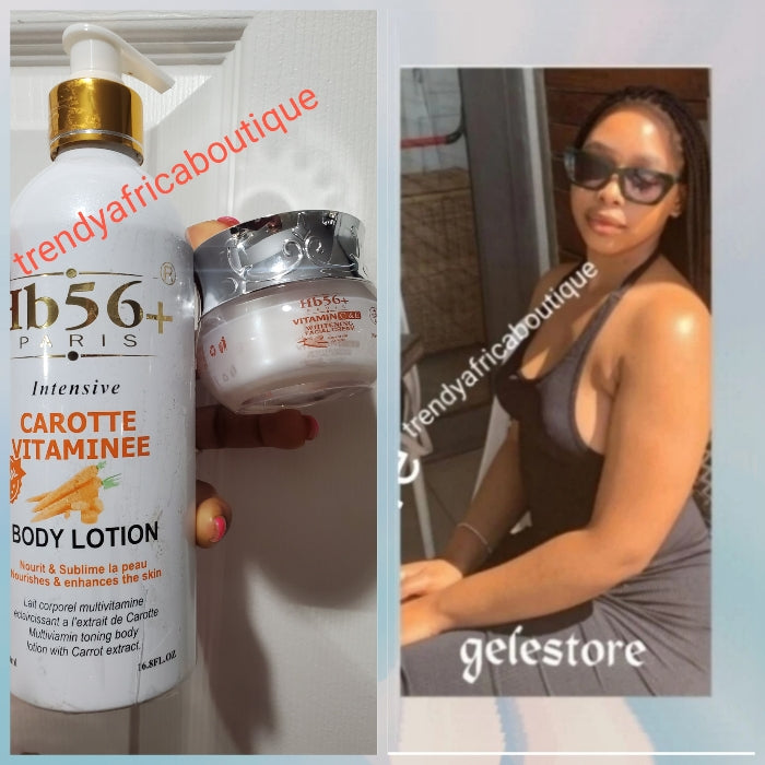 2pcs perfect combo; Hb56+ Paris intensive Carotte. Multi vitamin toning body body lotion & face cream  with carrot extracts & vitamin C & E. Spf45