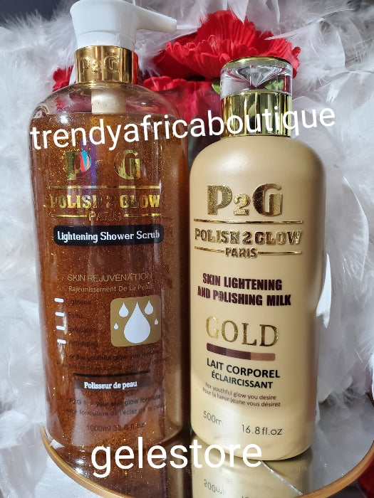 2pcs; P2G (polish to Glow) paris GOLD skin lightening and polishing body lotion & the exfoliating Shower Gel.  Glutathion Anti stretch marks and scars.