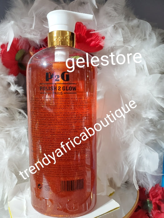 Polish 2 glow paris P2G lightening shower gel with carrot oil & vitamin  C. Anti ageing care. 1000ml x 1 ALL SKIN TYPE