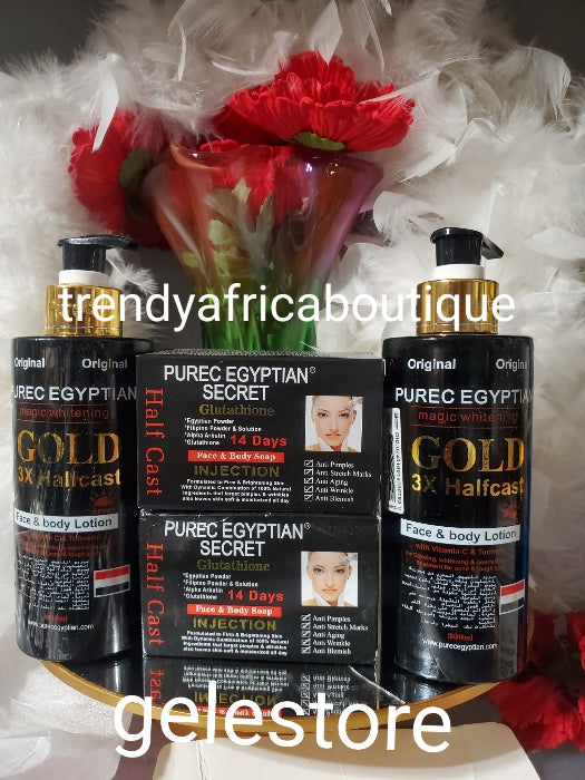 4pcs sale: 2 body lotion & 2 soap. Original PUREC EGYPTIAN MAGIC GOLD 3x Halfcast face & body lotion & soap  spf40.