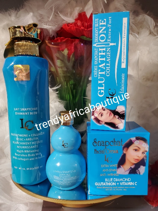 5pcs: Lait Snapchat diamant blue set: shower gel. Body Lotion, Serum, face cream & collagen tube cream: best whitening anti spot combo with glutathion collagen.  keep you looking younger & spotless.