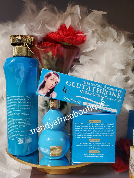 5pcs: Lait Snapchat diamant blue set: shower gel. Body Lotion, Serum, face cream & collagen tube cream: best whitening anti spot combo with glutathion collagen.  keep you looking younger & spotless.