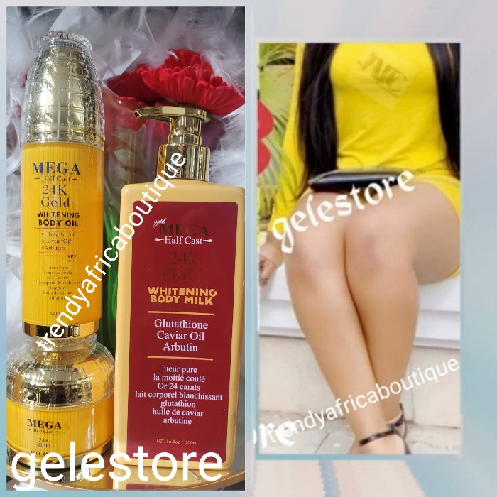 3pcs. HOT sale: Mega Halfcast 24k Gold whitening body milk, 24k gold whitening body oil & face cream with caviar oil, glutathione & Arbutin. Spf50. White & smooth in 7 days visible RESULTS.👌🔥