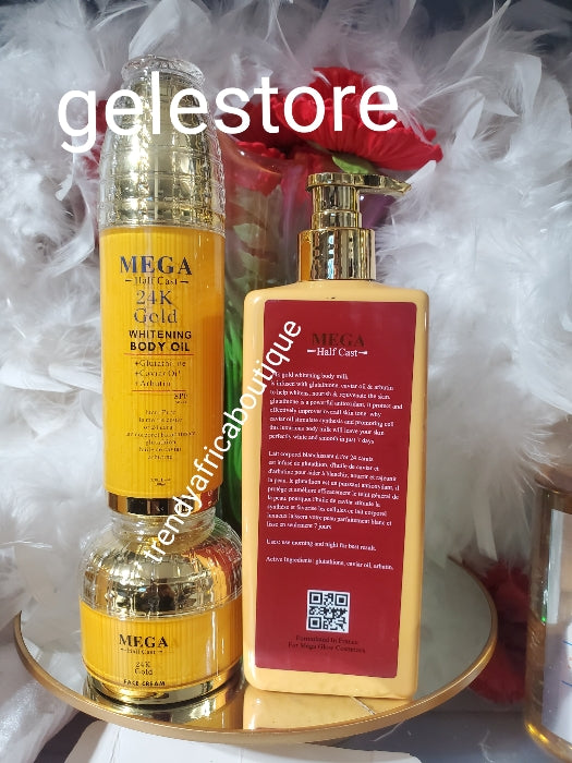 3pcs. HOT sale: Mega Halfcast 24k Gold whitening body milk, 24k gold whitening body oil & face cream with caviar oil, glutathione & Arbutin. Spf50. White & smooth in 7 days visible RESULTS.👌🔥