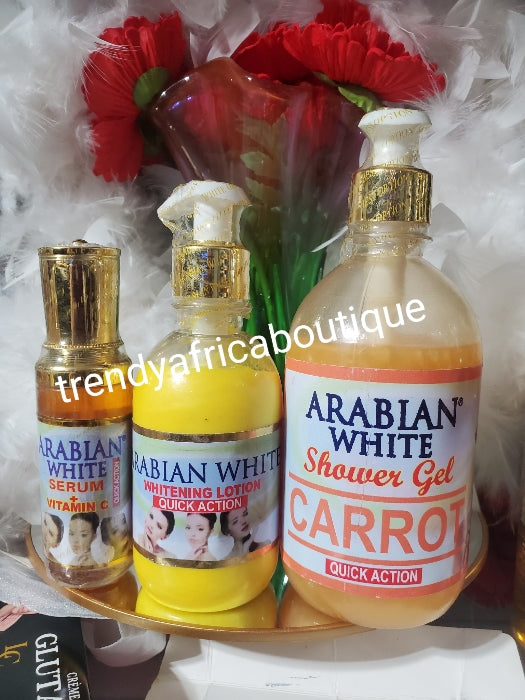 3pcs. Set: Arabian white  whitening body lotion, serum and shower gel. Quick action for a perfect glow
