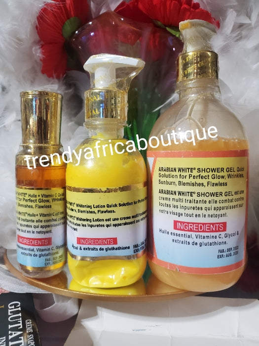 3pcs. Set: Arabian white  whitening body lotion, serum and shower gel. Quick action for a perfect glow