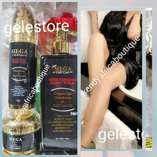 4pcs Banga; Mega Halfcast whitening body lotion, whitening body oil & face cream filipino oil, Halfcast oil, glutathion & Arbutin Spf50. Anti stretch marks and blemishes ORGANIC FORMULA👌