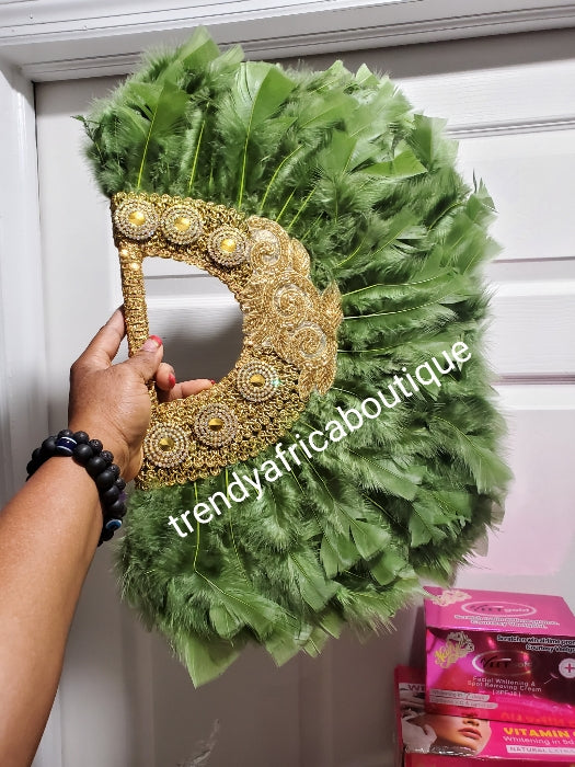 Hand made feather hand fan sage/gold for  Nigeria traditional events/weddings front/back same design. Medium size fluffy feather fan Nigerian Bridal-accessories design. Nigerian celebrant accessories