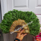 Hand made feather hand fan sage/gold for  Nigeria traditional events/weddings front/back same design. Medium size fluffy feather fan Nigerian Bridal-accessories design. Nigerian celebrant accessories