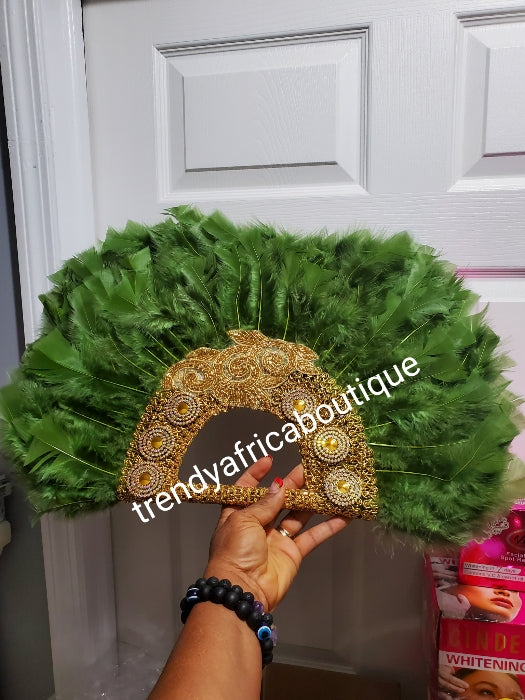 Hand made feather hand fan sage/gold for  Nigeria traditional events/weddings front/back same design. Medium size fluffy feather fan Nigerian Bridal-accessories design. Nigerian celebrant accessories