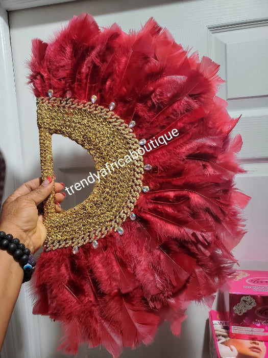 Hand made feather hand fan wine/gold for  Nigeria traditional events/weddings front/back same design. Medium size fluffy feather fan Nigerian Bridal-accessories design. Nigerian celebrant accessories