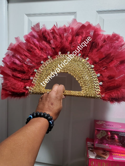 Hand made feather hand fan wine/gold for  Nigeria traditional events/weddings front/back same design. Medium size fluffy feather fan Nigerian Bridal-accessories design. Nigerian celebrant accessories