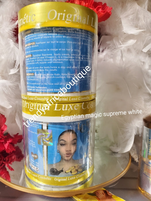 New product alert: 3pcs. Set Egyptian magic supreme white capsule collegen super whitening half cast glowing body cream, body treatment oil & soap👌