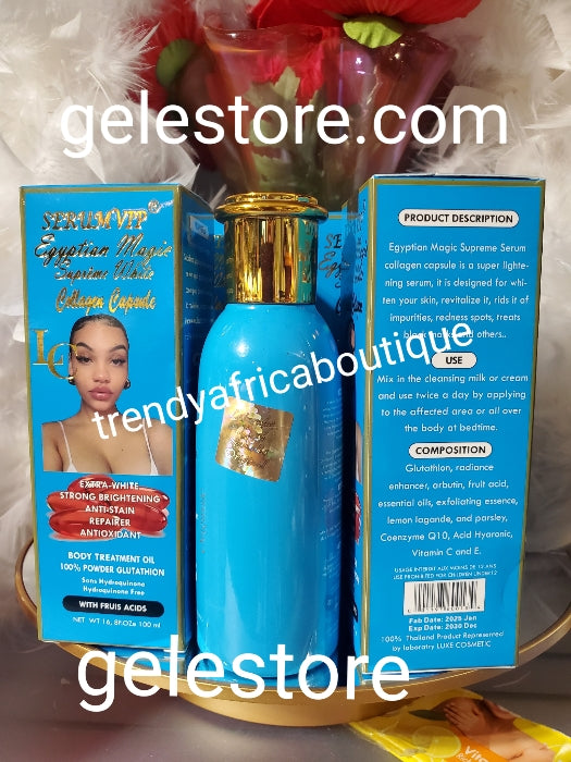 New product alert: 3pcs. Set Egyptian magic supreme white capsule collegen super whitening half cast glowing body cream, body treatment oil & soap👌