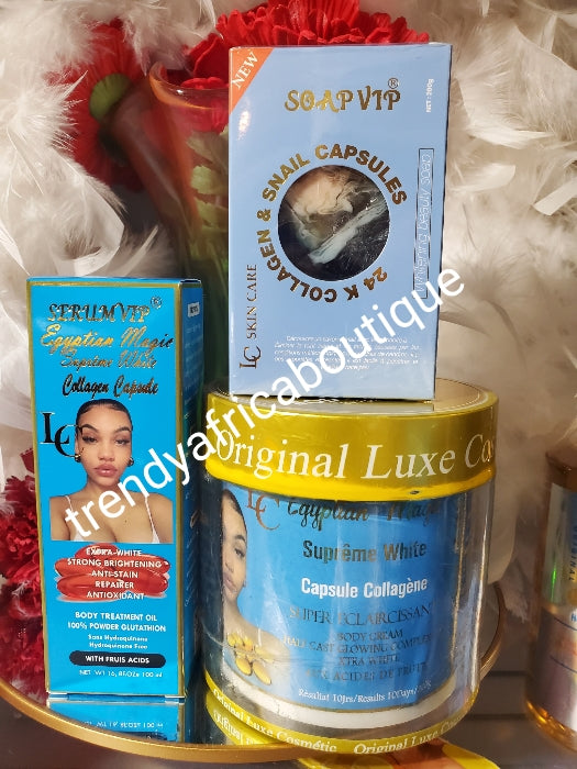 New product alert: 3pcs. Set Egyptian magic supreme white capsule collegen super whitening half cast glowing body cream, body treatment oil & soap👌