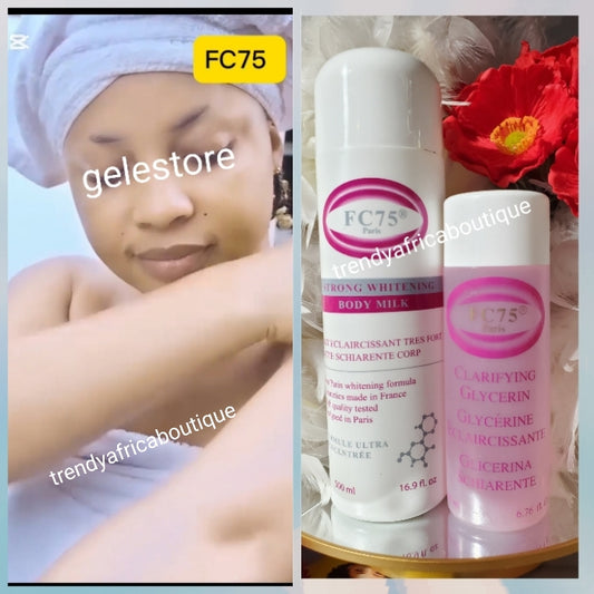 BACK IN STOCK!! Another BANGA!! 2pcs Combo FC75 Paris 🔥👌👌👌 enforced WHITENING FRENCH formular smooth, silky, hydrating. CLEAN KNUCKLES, NO STRETCH MARKS!   HYDROQUINOUN FREE.  Top class whitening body LOTION 500ml  & clarifying glycerin 200ml,